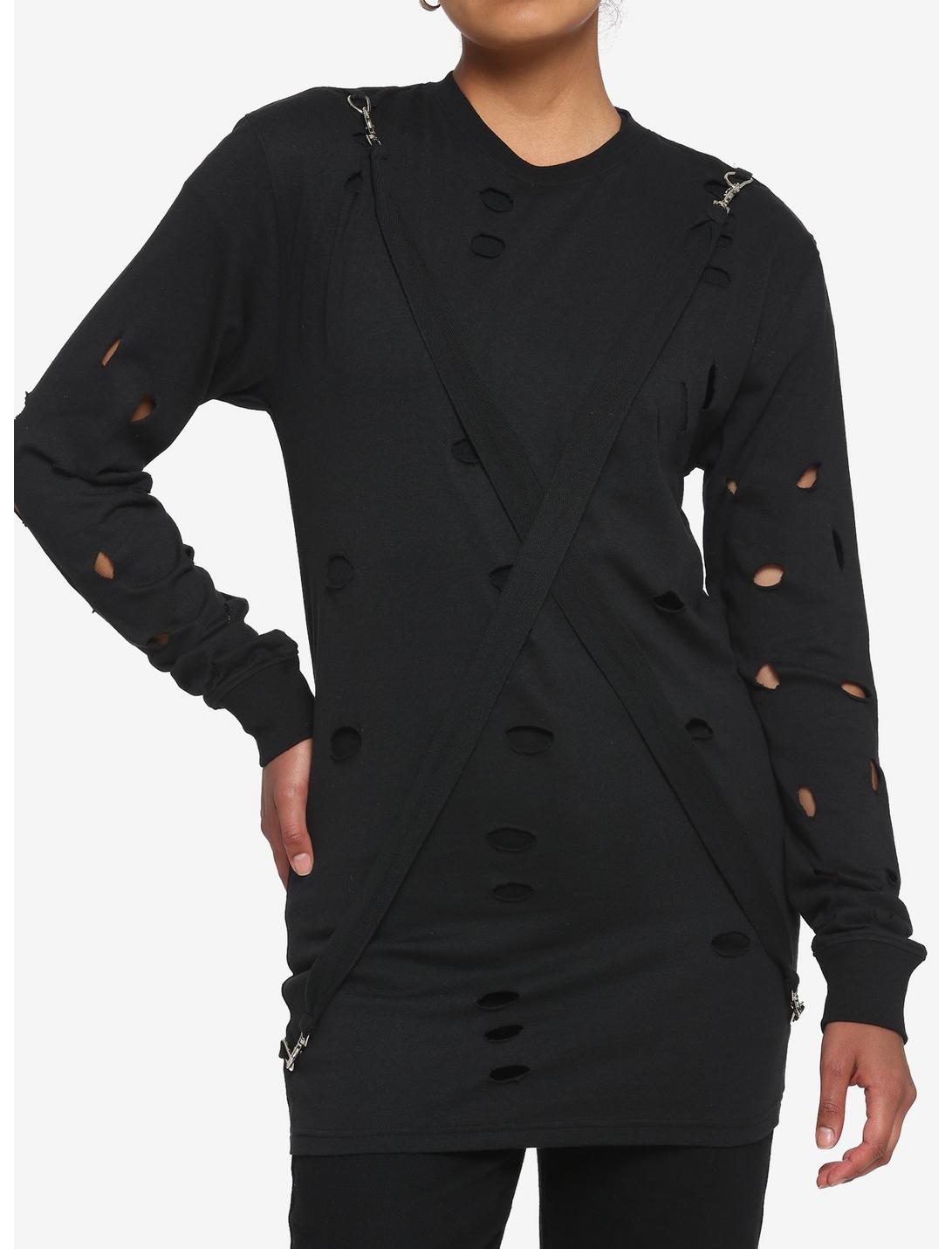 Black Distressed Front Suspender Oversized Girls Long-Sleeve T-Shirt, BLACK, hi-res