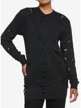 Black Distressed Front Suspender Oversized Girls Long-Sleeve T-Shirt, BLACK, hi-res