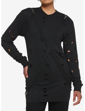 Black Distressed Front Suspender Oversized Girls Long-Sleeve T-Shirt, , hi-res