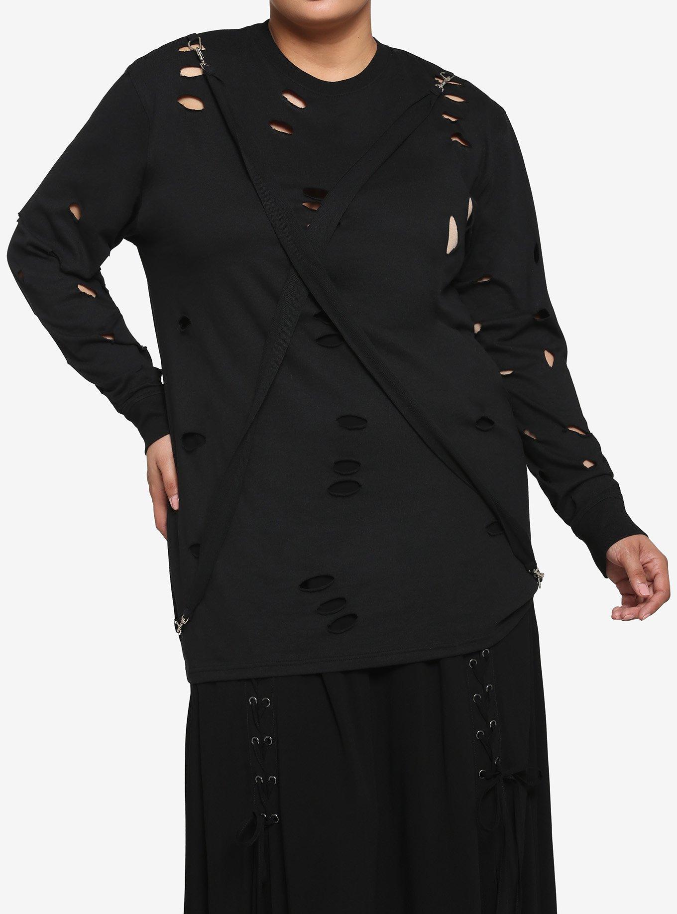 Black Distressed Front Suspender Oversized Girls Long-Sleeve T-Shirt Plus Size, BLACK, hi-res