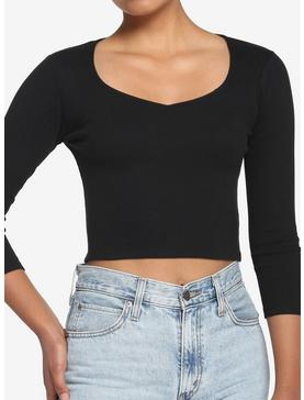 Black Ribbed Girls Crop Long-Sleeve T-Shirt, , hi-res