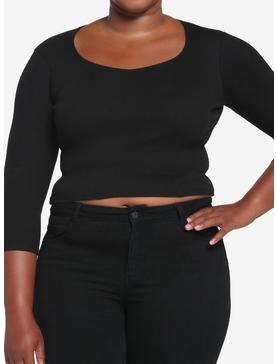 Black Ribbed Girls Crop Long-Sleeve T-Shirt Plus Size, , hi-res