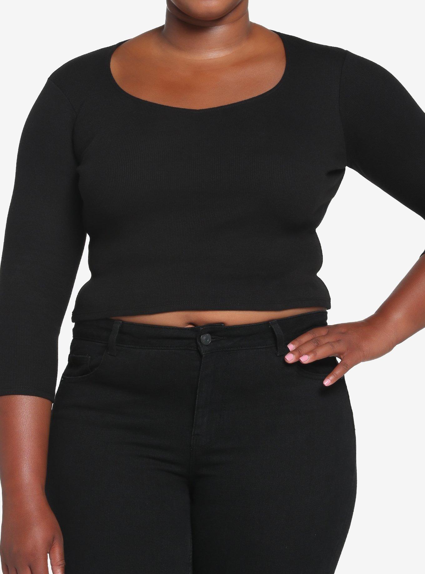 Black Ribbed Girls Crop Long-Sleeve T-Shirt Plus Size, BLACK, hi-res