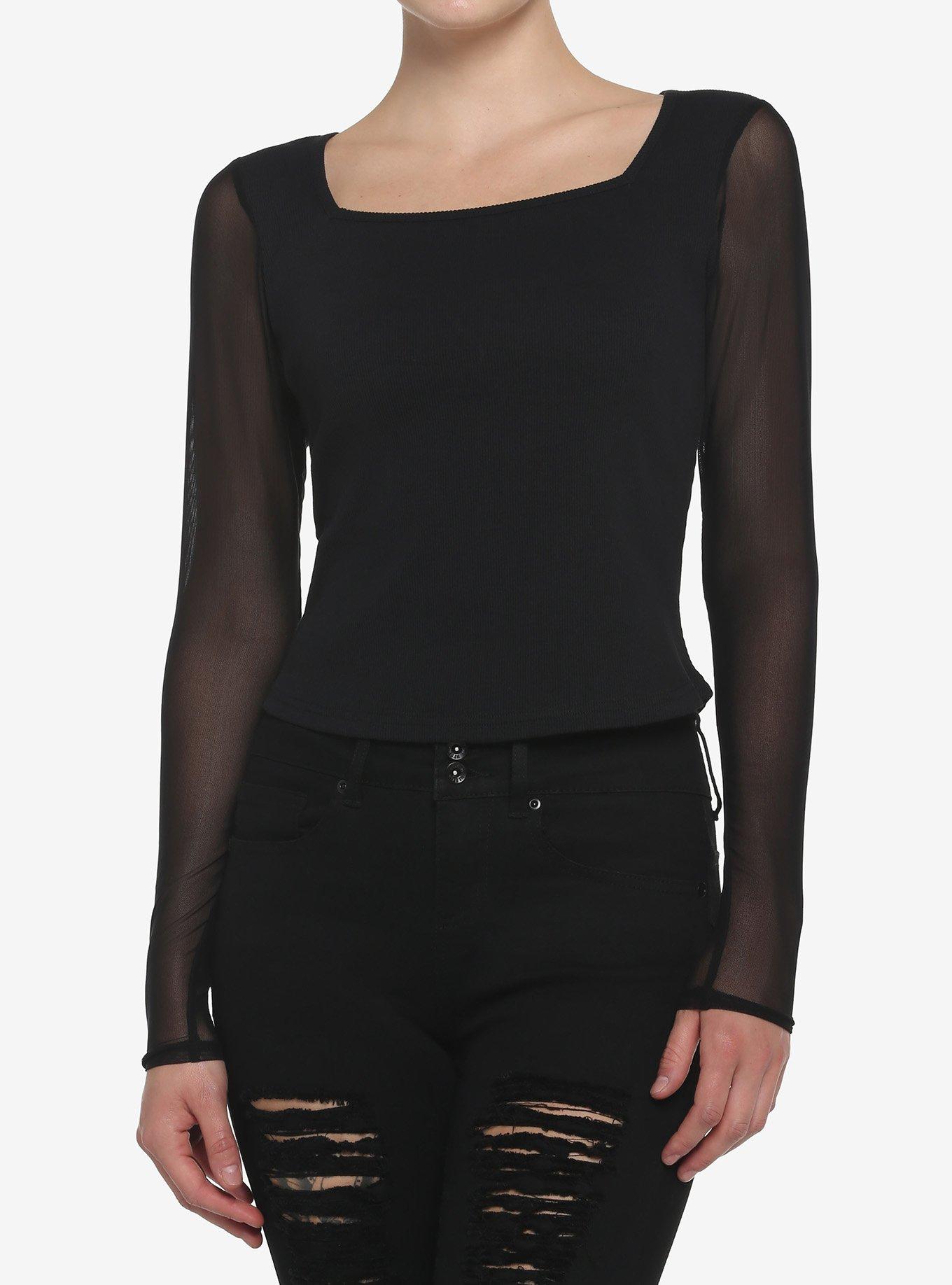 Black Mesh Girls Long-Sleeve Top, BLACK, hi-res