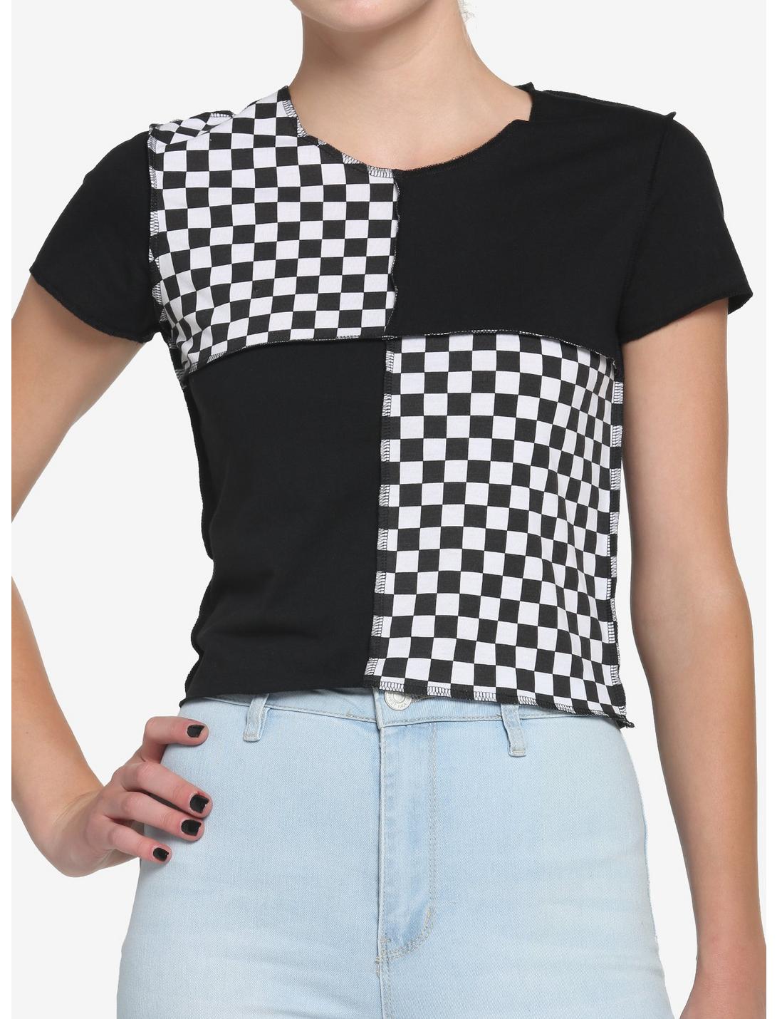 Black & White Checkered Color-Block Girls Baby T-Shirt, BLACK WHITE CHECKER, hi-res