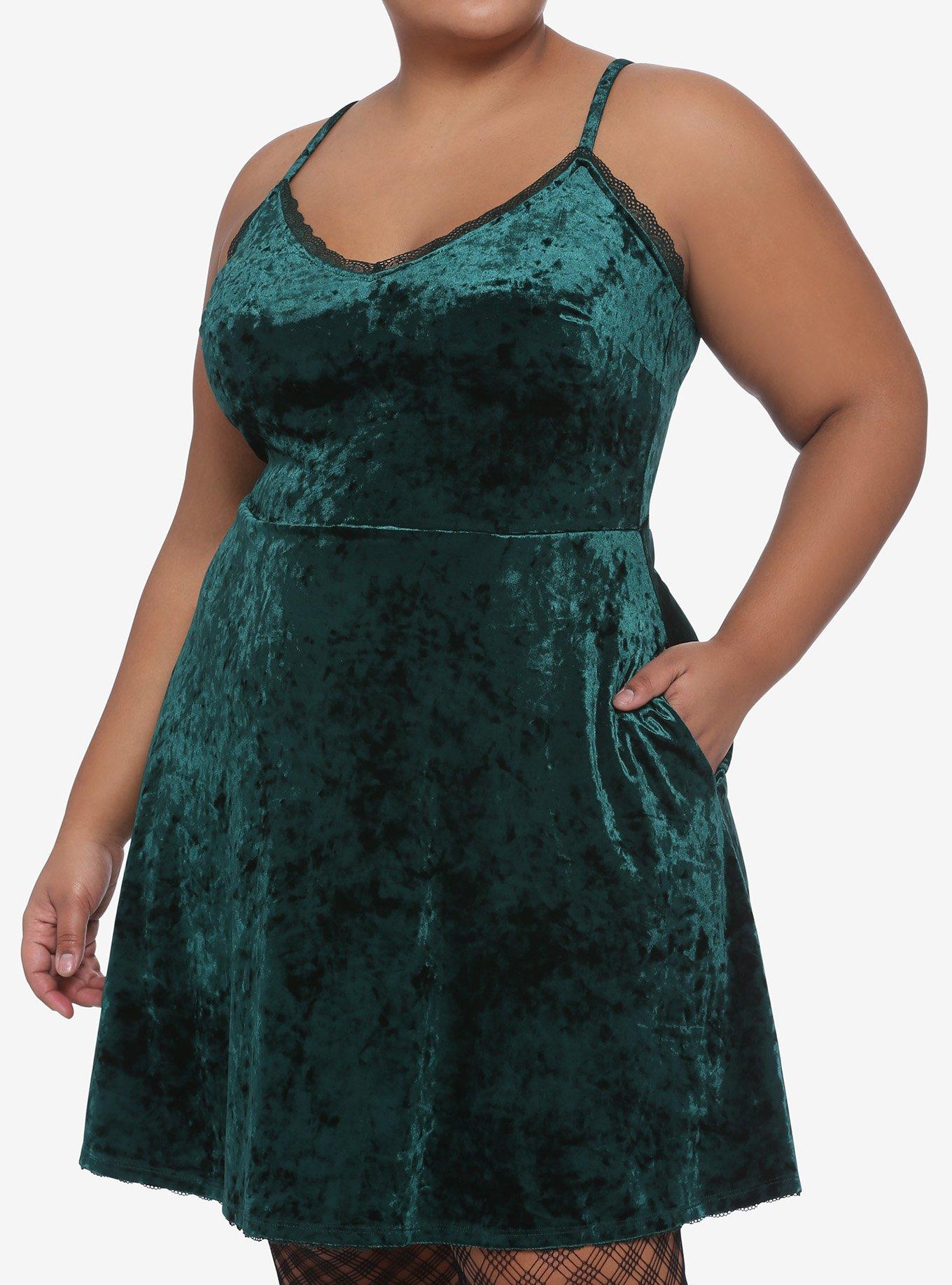 Green Velvet Skater Slip Dress Plus Size, GREEN, hi-res