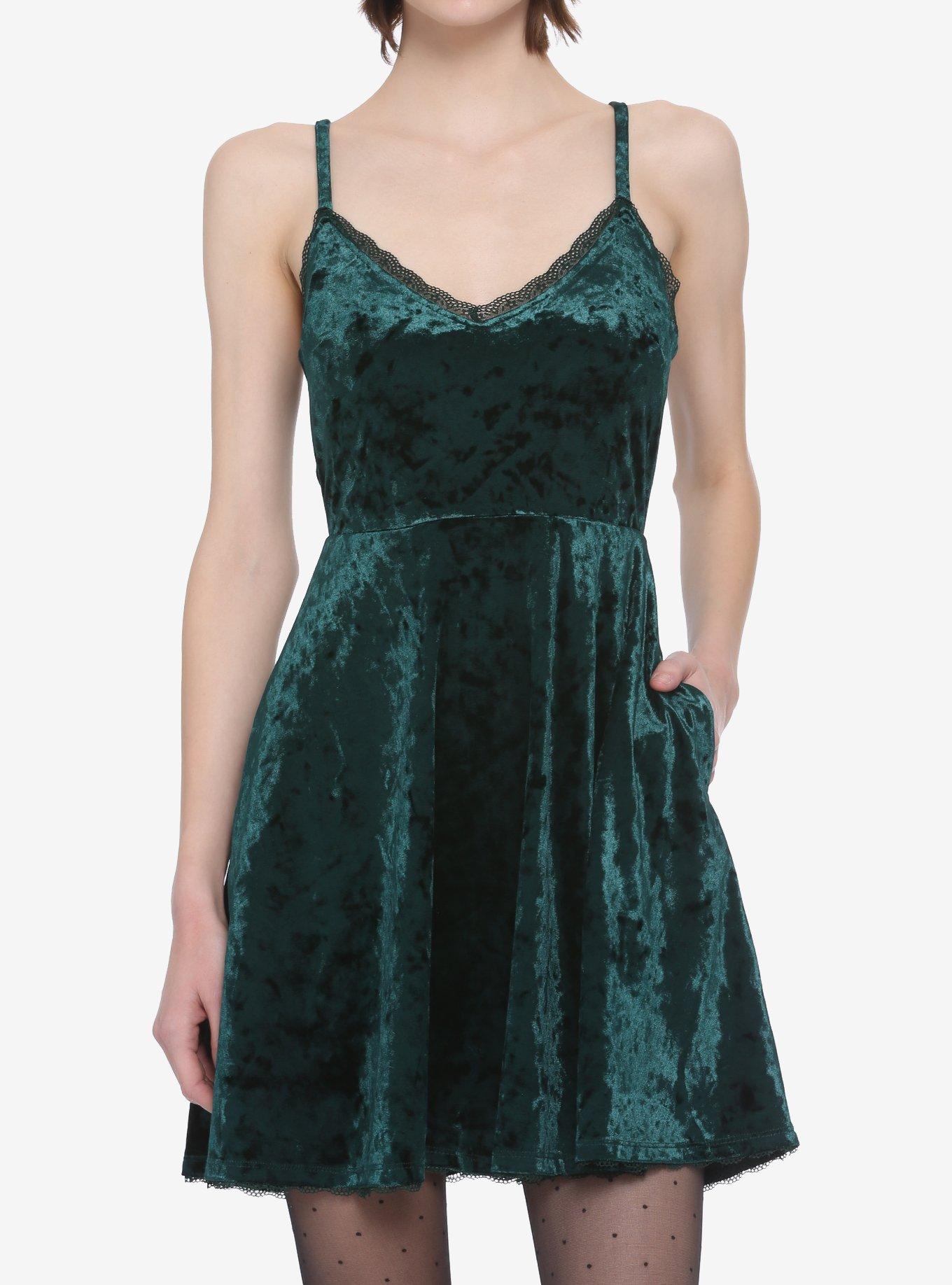 Green Velvet Skater Slip Dress, GREEN, hi-res