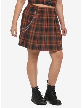 Orange Plaid Double Chain Pleated Skirt Plus Size, , hi-res