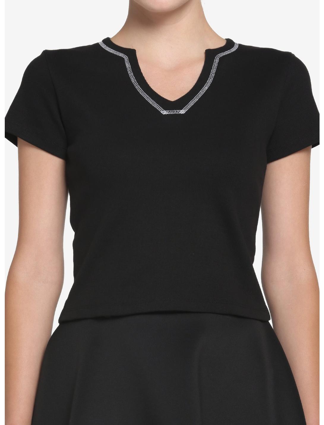Black & White Contrast Stitch Girls Crop T-Shirt, BLACK, hi-res