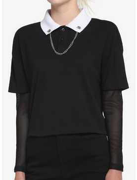 Chain Collar Mesh Twofer Long-Sleeve Girls Polo Shirt, , hi-res