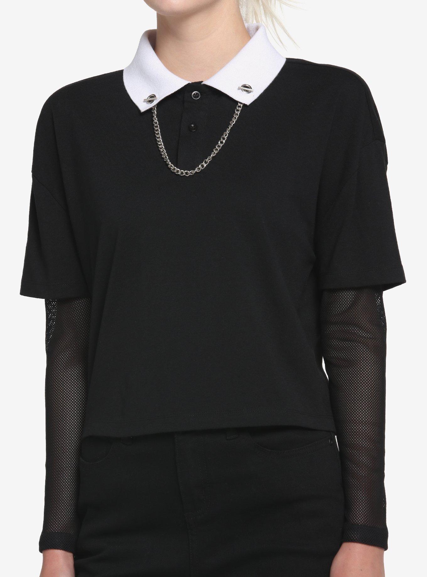 Chain Collar Mesh Twofer Long-Sleeve Girls Polo Shirt, BLACK, hi-res