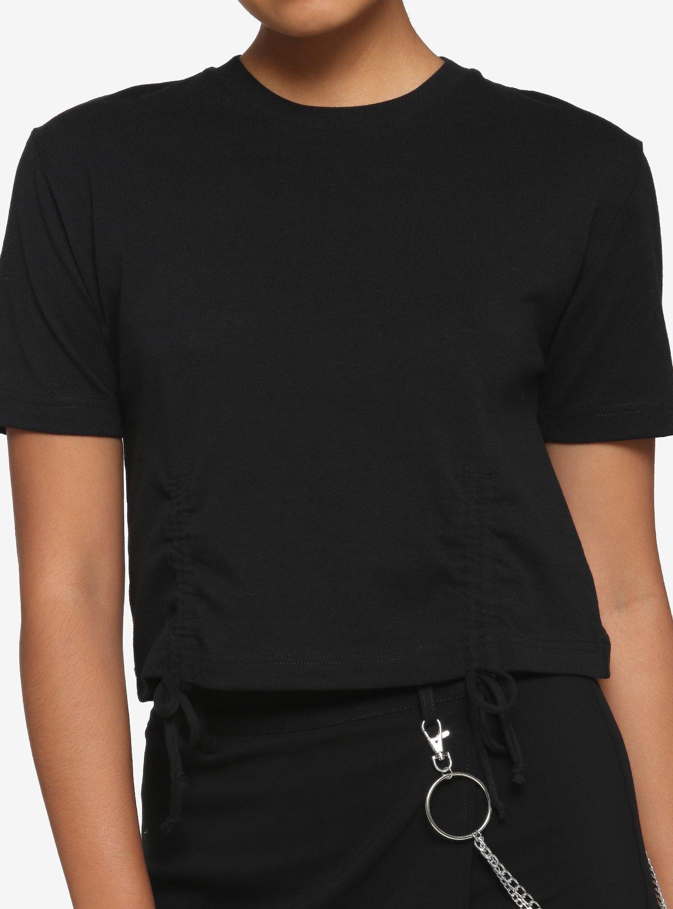Black Drawstring Girls Crop T-Shirt, BLACK, hi-res