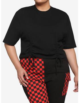 Black Drawstring Girls Crop T-Shirt Plus Size, , hi-res