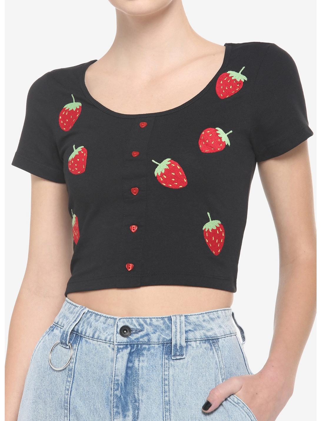 Black Embroidered Strawberries Girls Crop T-Shirt, BLACK, hi-res