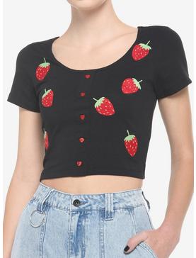 Pink Embroidered Strawberries Crop Girls T-Shirt, , hi-res