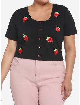 Pink Embroidered Strawberries Crop Girls T-Shirt Plus Size, , hi-res