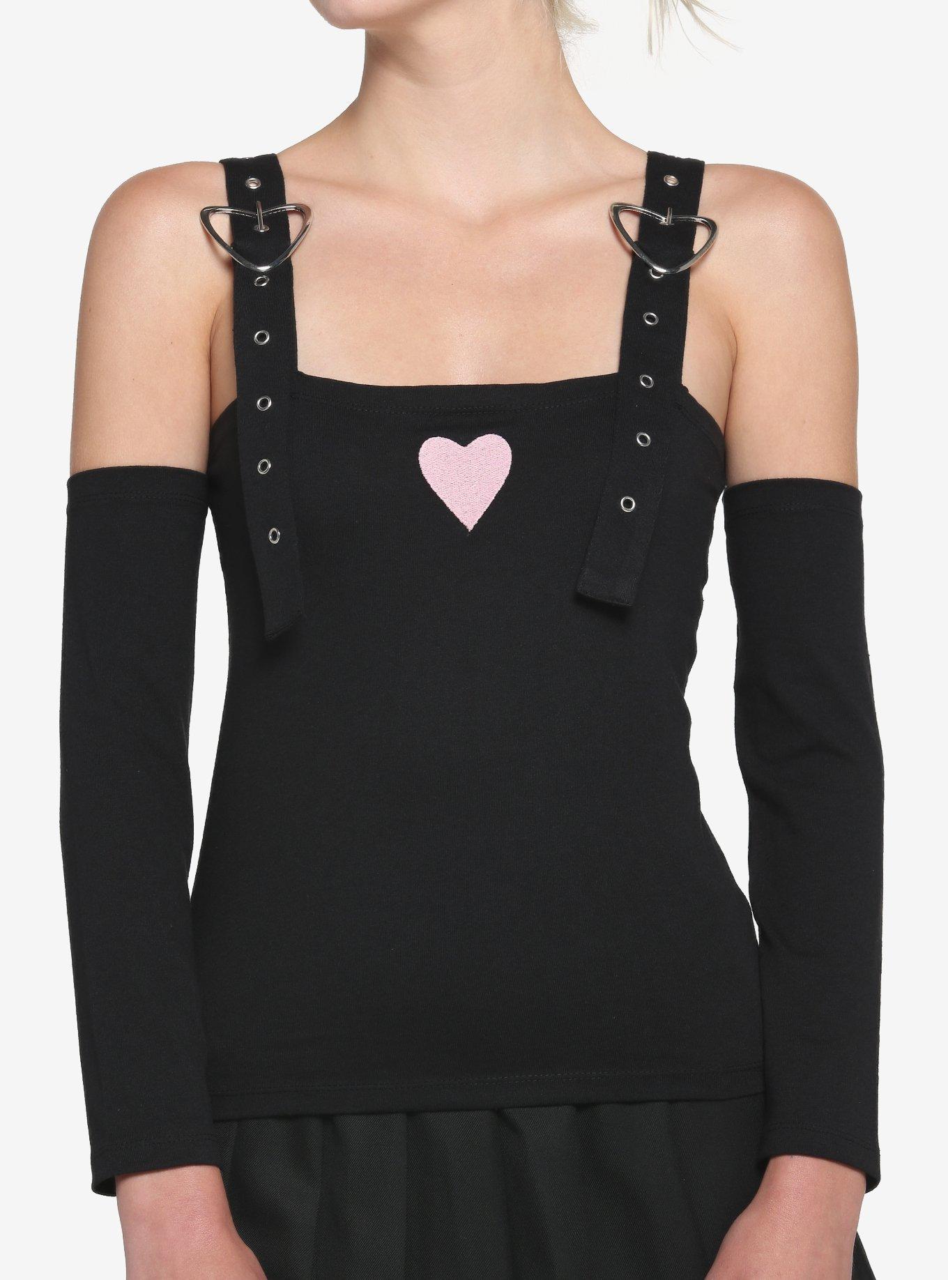 Heart Buckle Cold Shoulder Girls Tank Top, BLACK, hi-res