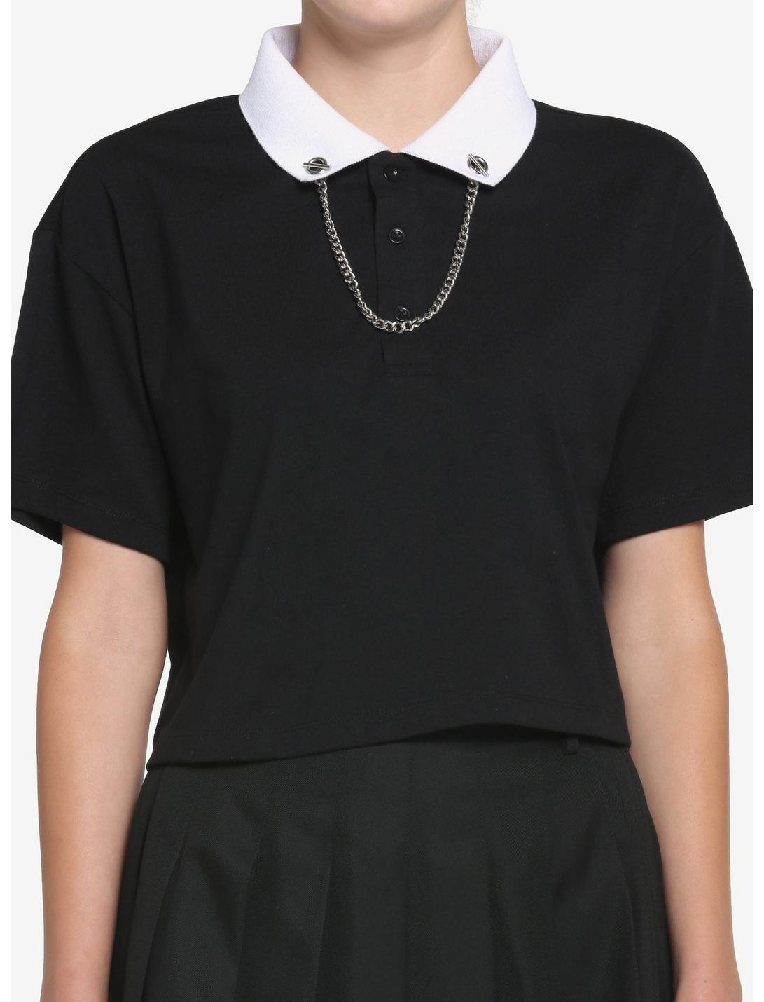 Black Chain Collar Girls Crop Polo Shirt, BLACK, hi-res