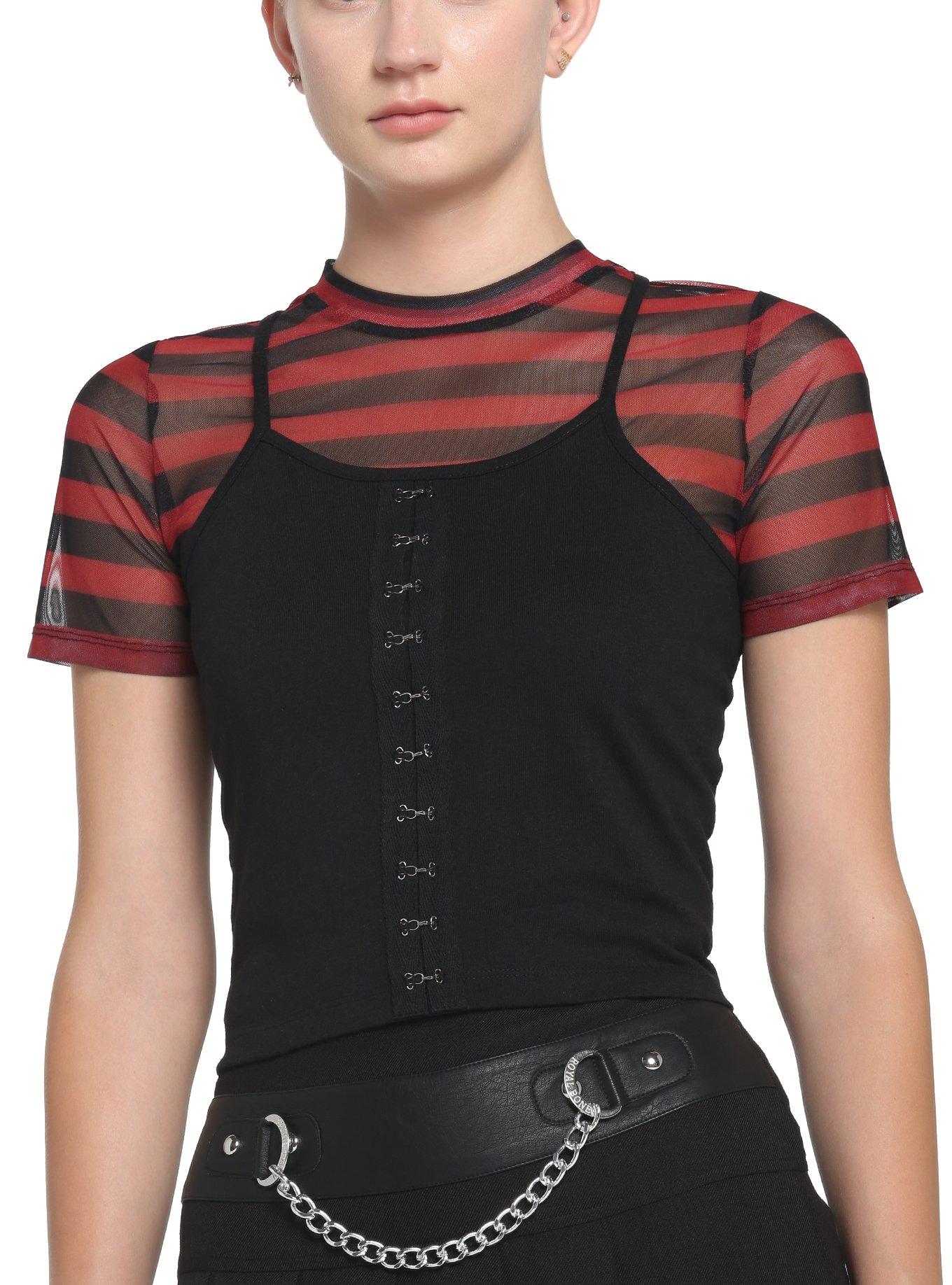 Black & Red Stripe Girls Twofer T-Shirt, STRIPES - RED, hi-res view 1
