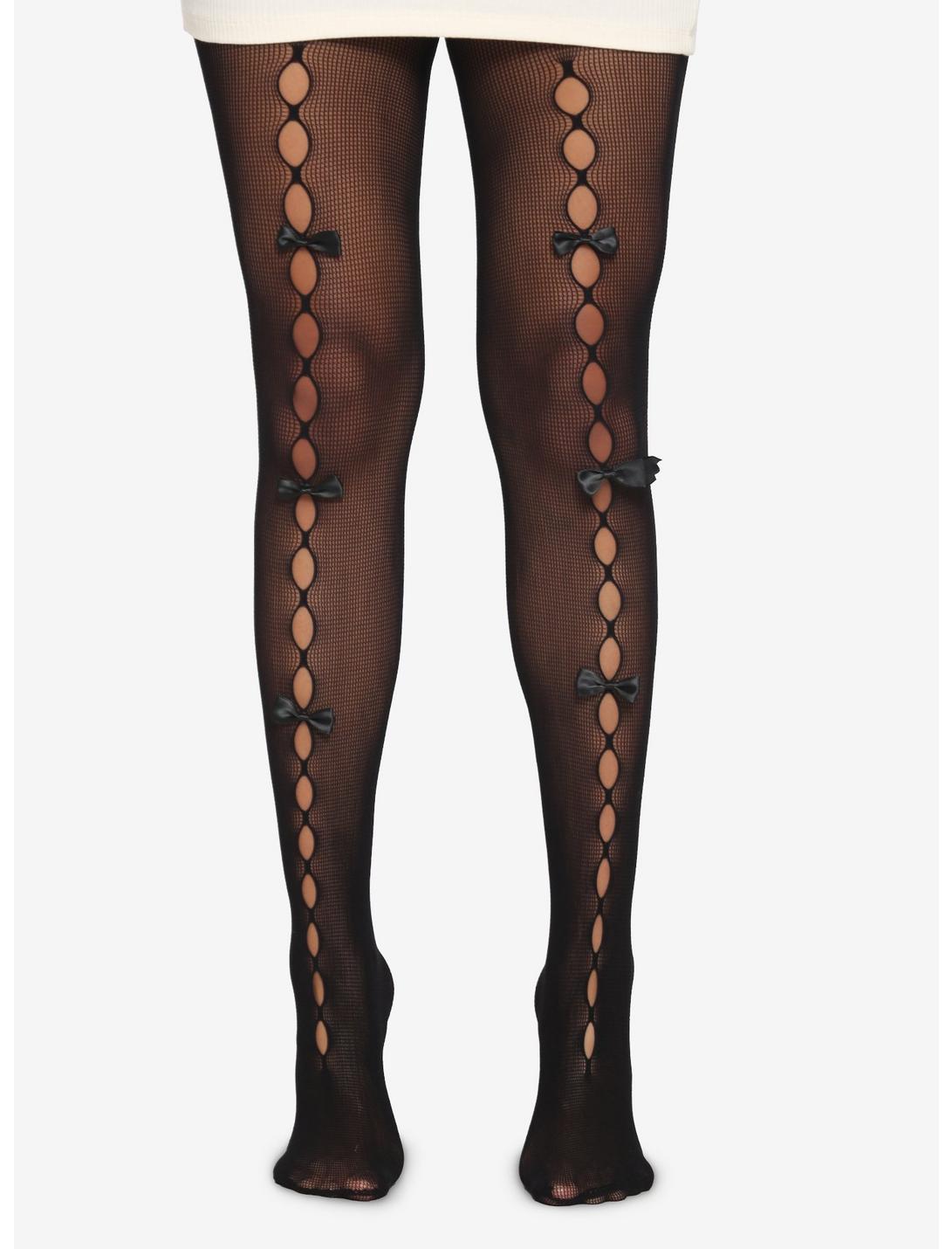 Fine Net with A Diamond and Bow Design Black Net Tights by Miss Red Sixty-Six 
