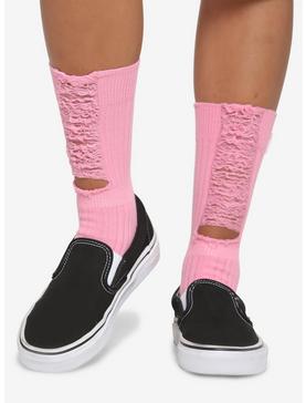 Pink Distressed Crew Socks, , hi-res