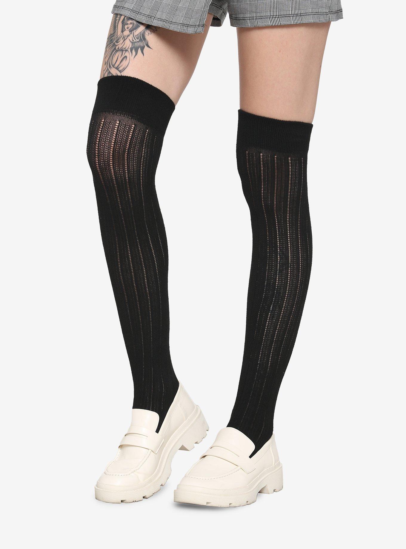 Black Ribbed Over-The-Knee Socks, , hi-res