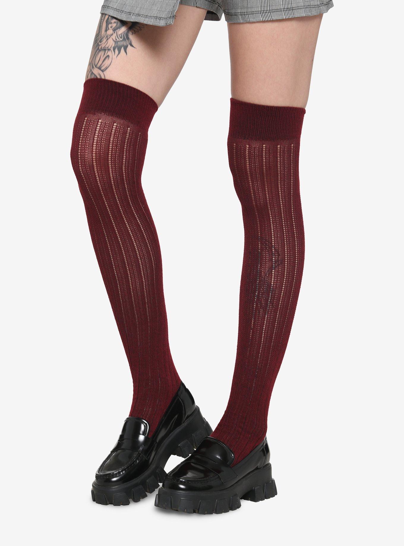 Maroon Ribbed Over-The-Knee Socks, , hi-res