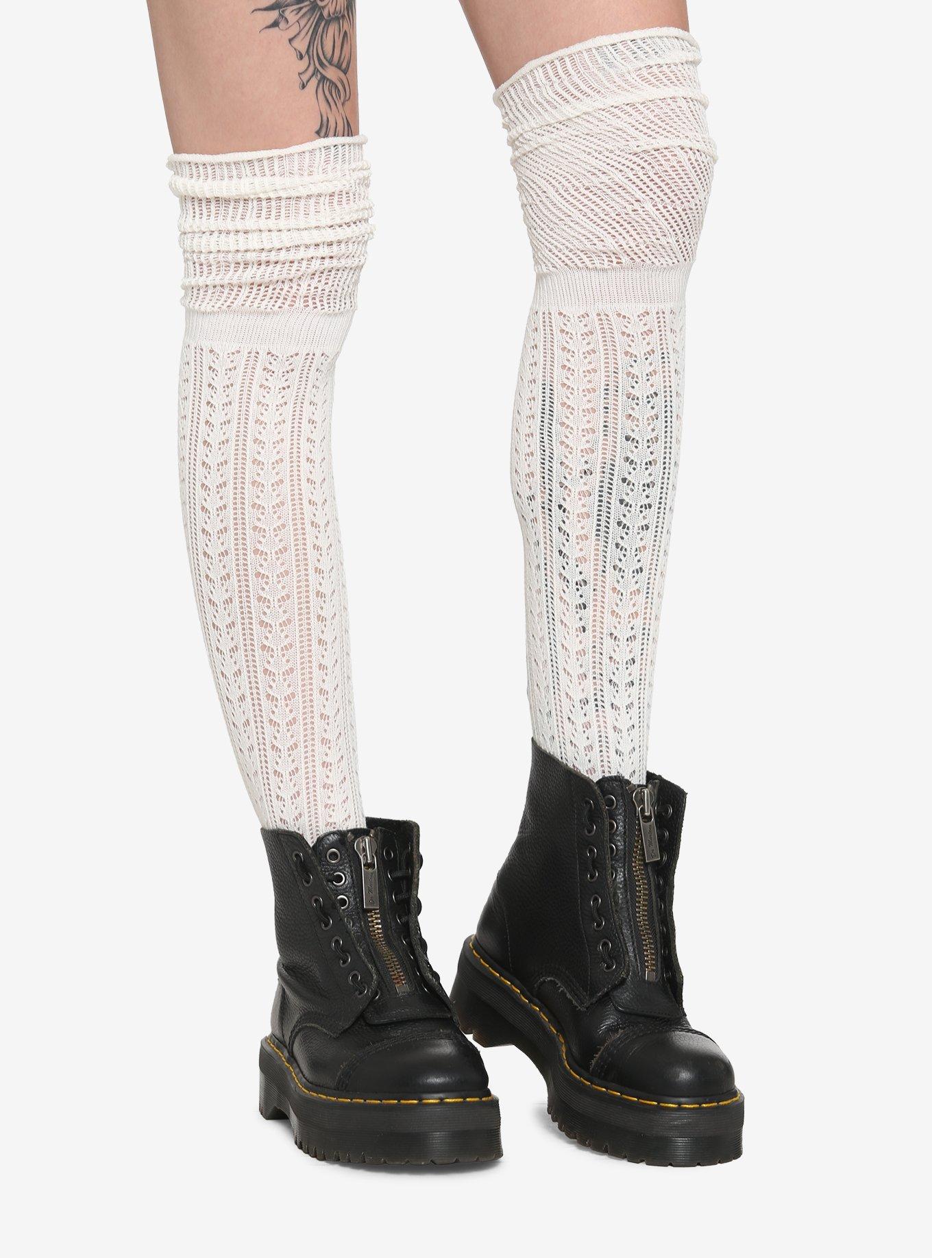 White Pointelle Over-The-Knee Socks, , hi-res