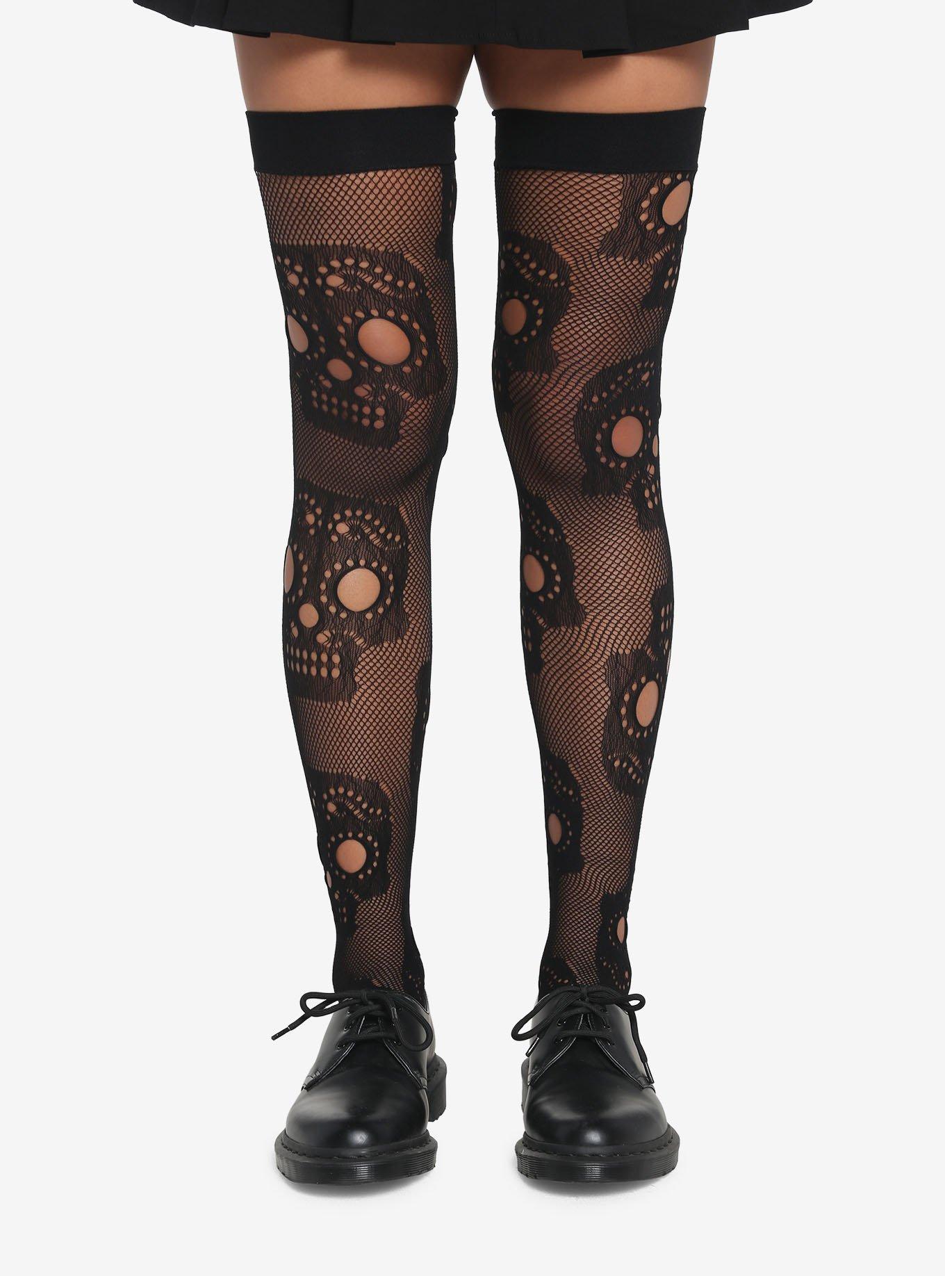 Leg Avenue Black Sugar Skull Thigh Highs, , hi-res