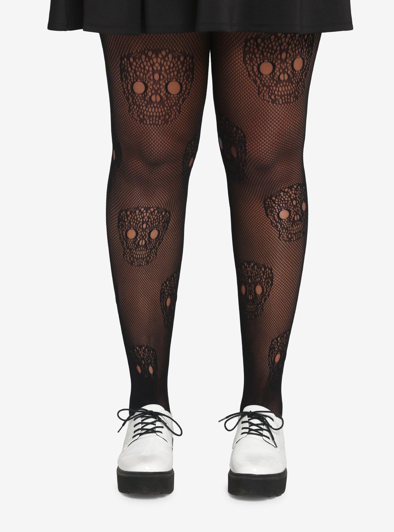 Leg Avenue Black Sugar Skull Lace Tights Plus Size, , hi-res
