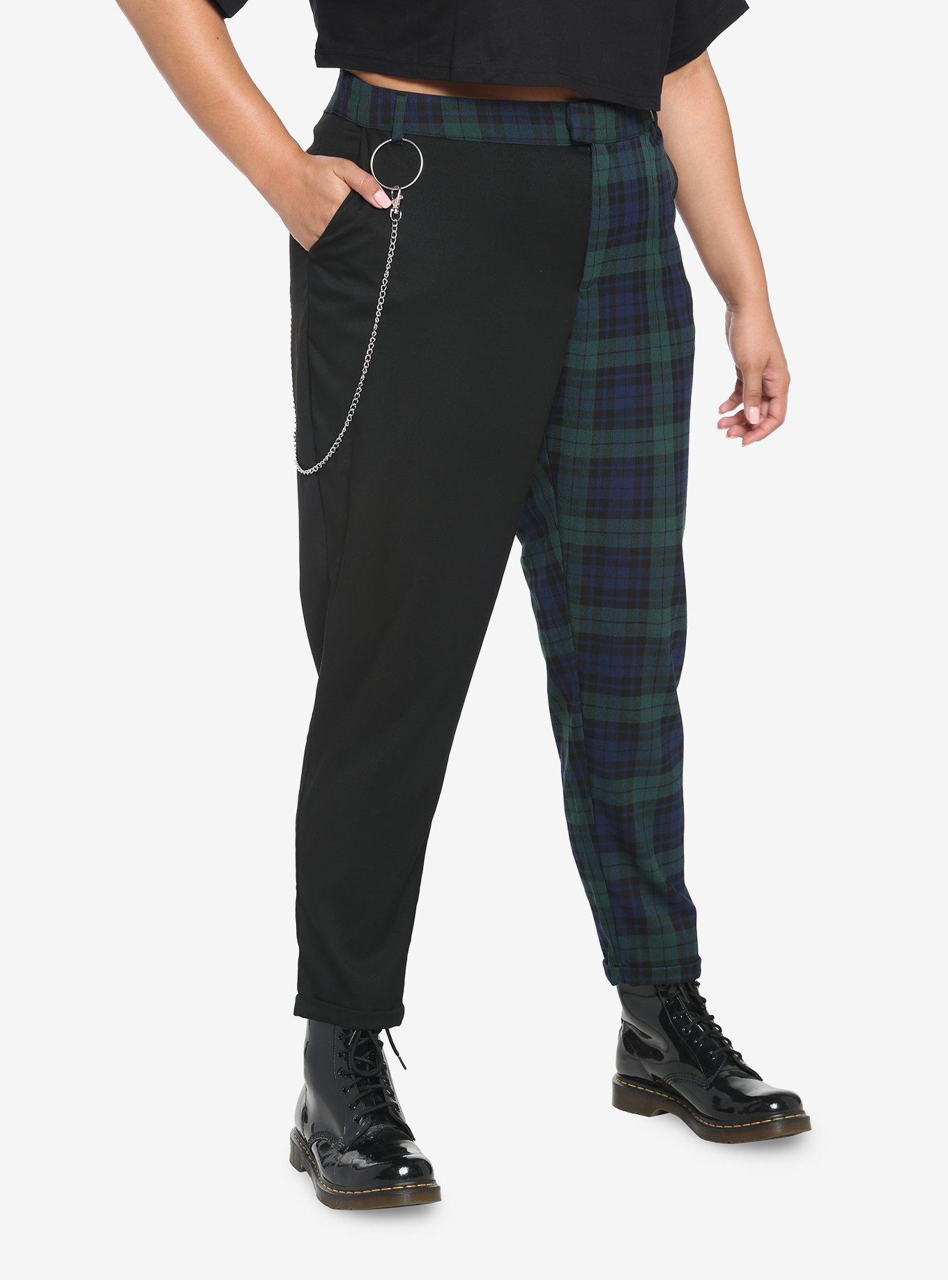 Black & Green Plaid Split Pants Plus Size, BLACK  GREEN, hi-res