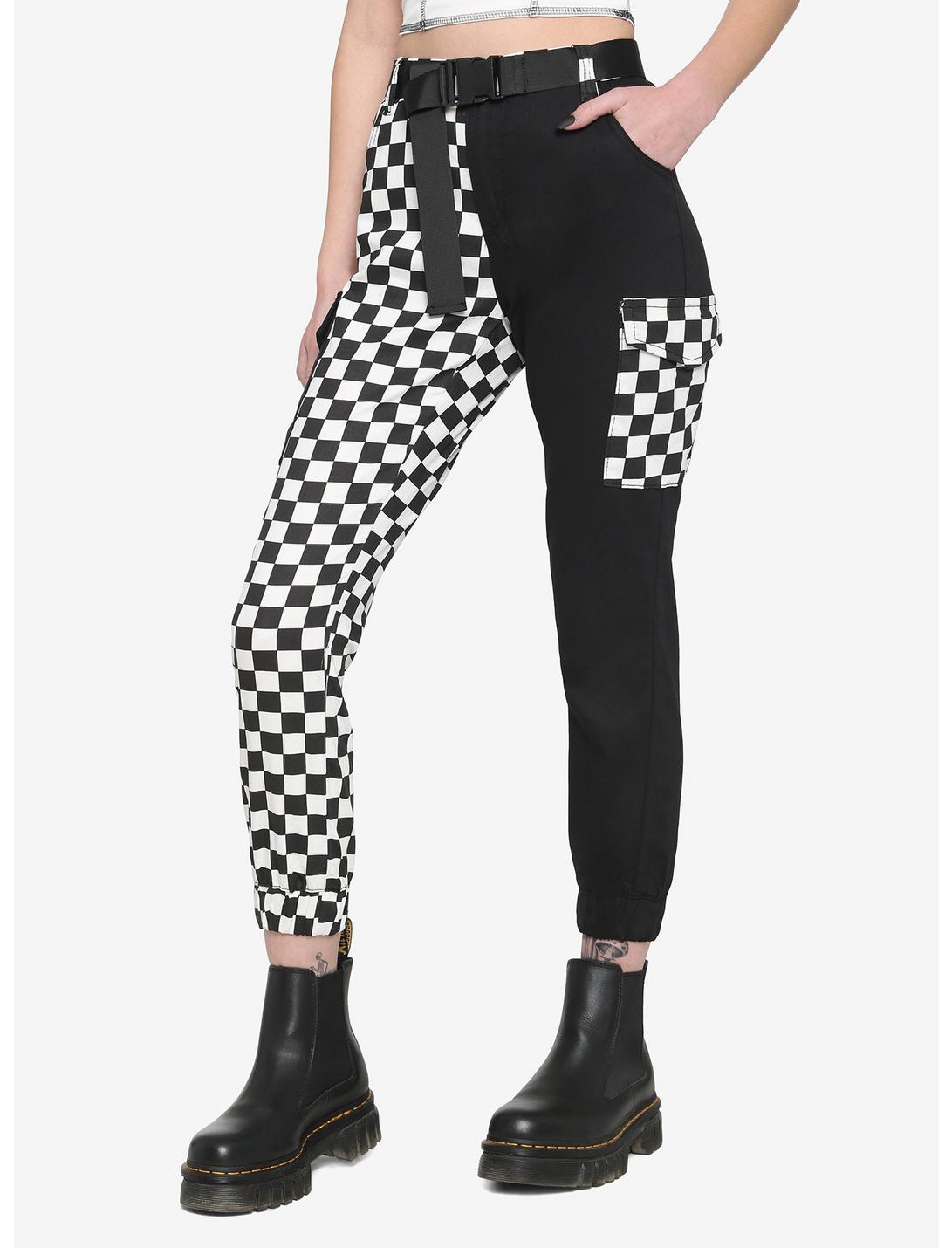 Black & White Checker Split Jogger Pants | Hot Topic