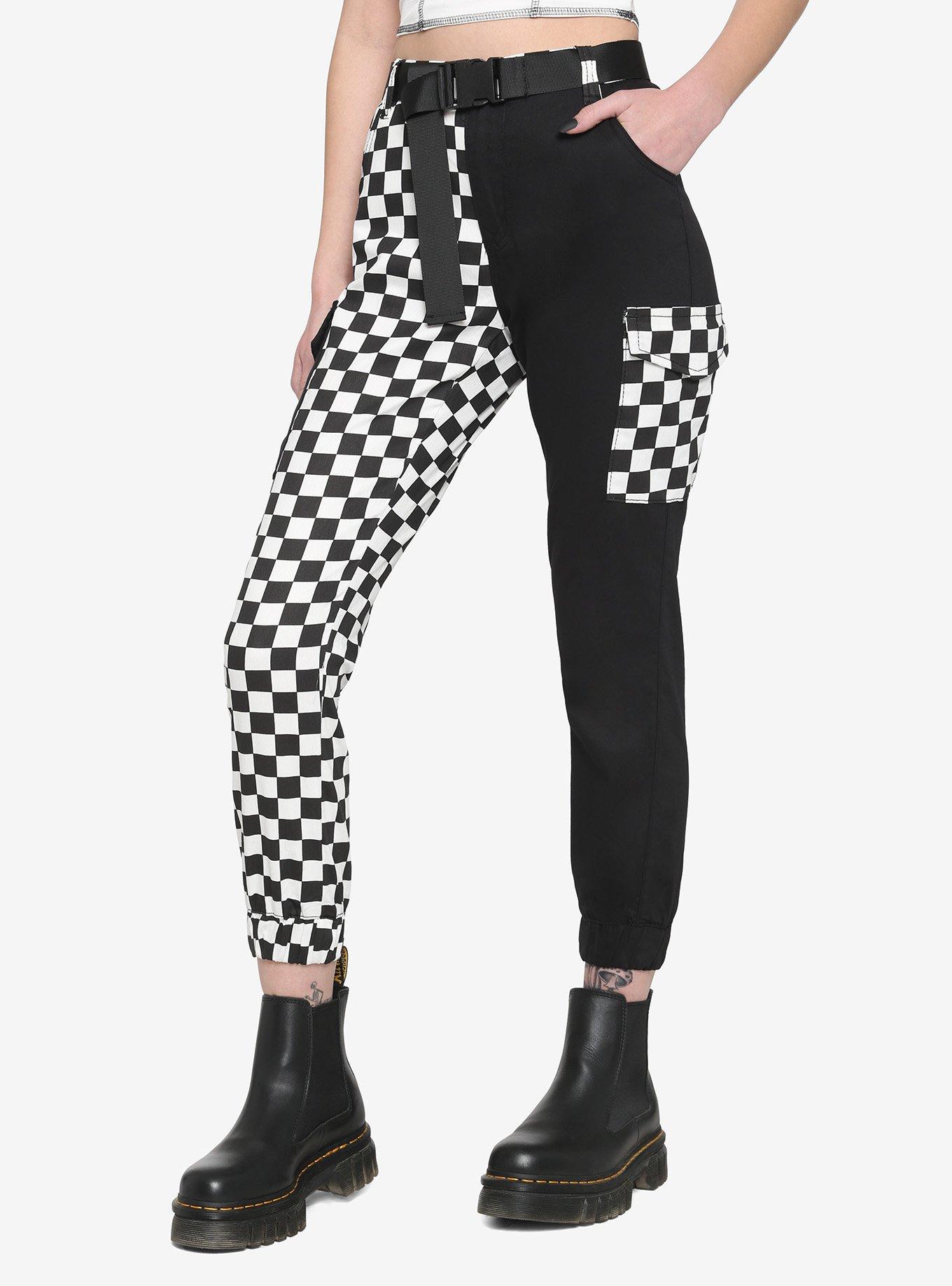 Black & White Checker Split Jogger Pants, BLACK  WHITE, hi-res
