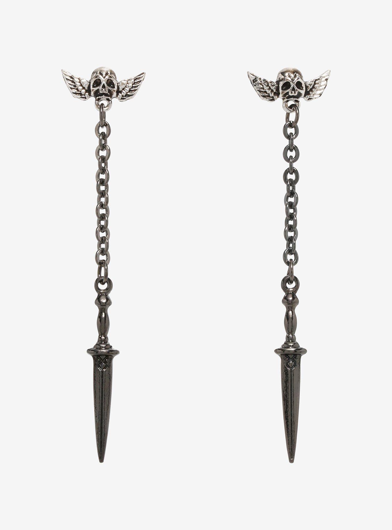 Winged Skull Sword Drop Earrings, , hi-res