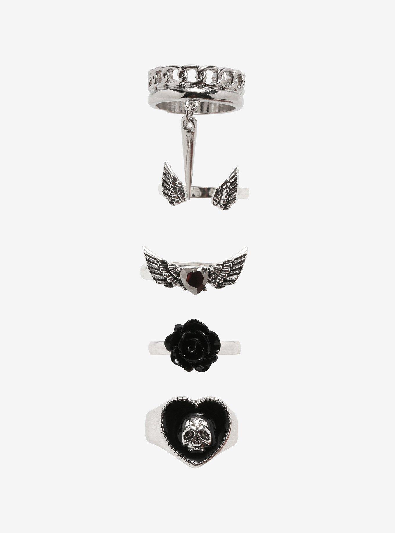 Black Heart Skull Ring Set, , hi-res