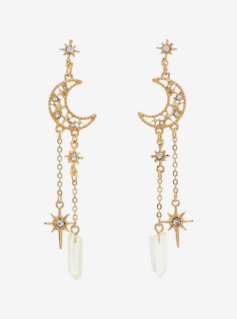 Sparkly Moon Crystal Star Drop Chain Earrings | Hot Topic