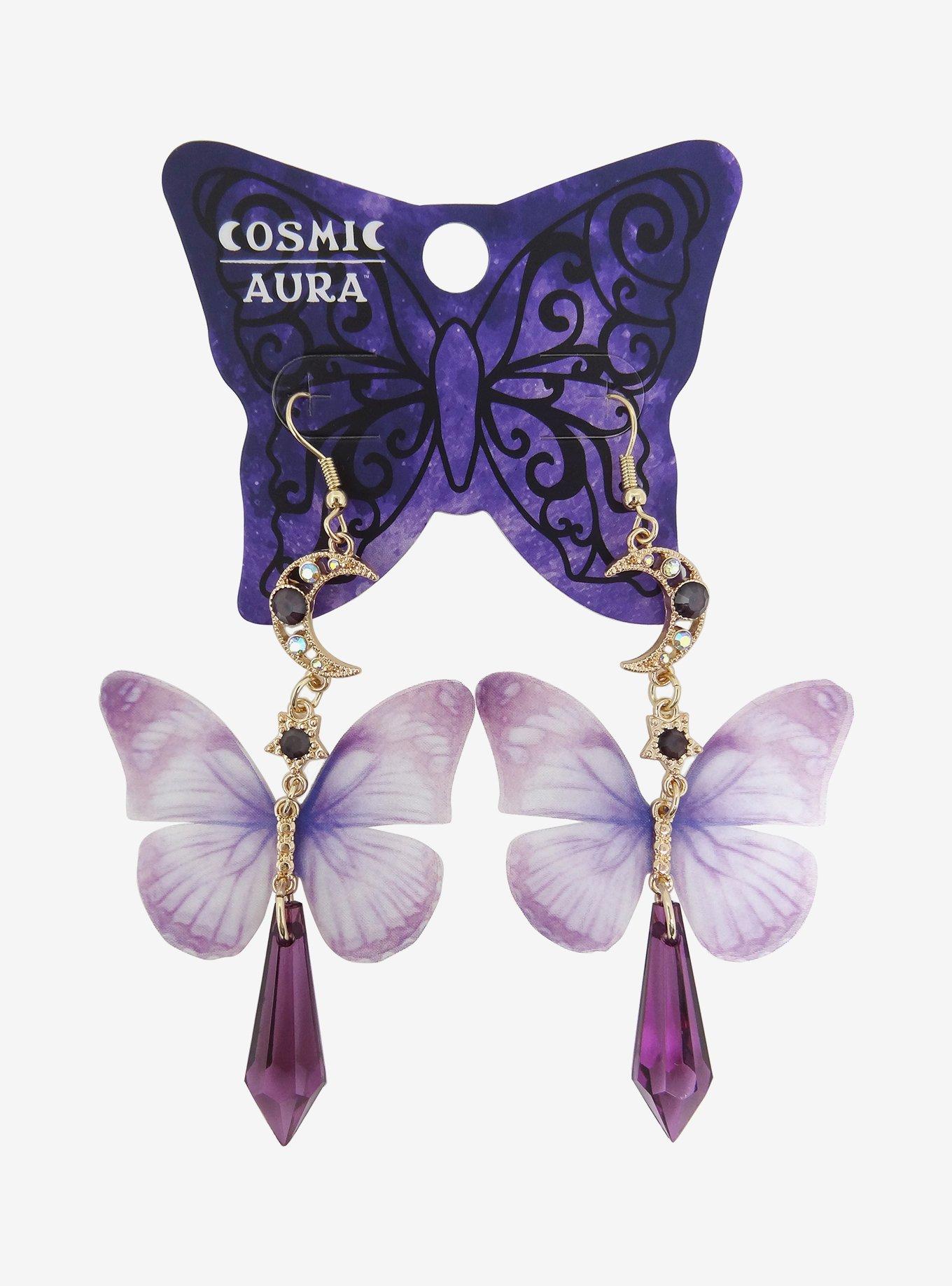 Purple Butterfly Crystal Moon Drop Earrings | Hot Topic