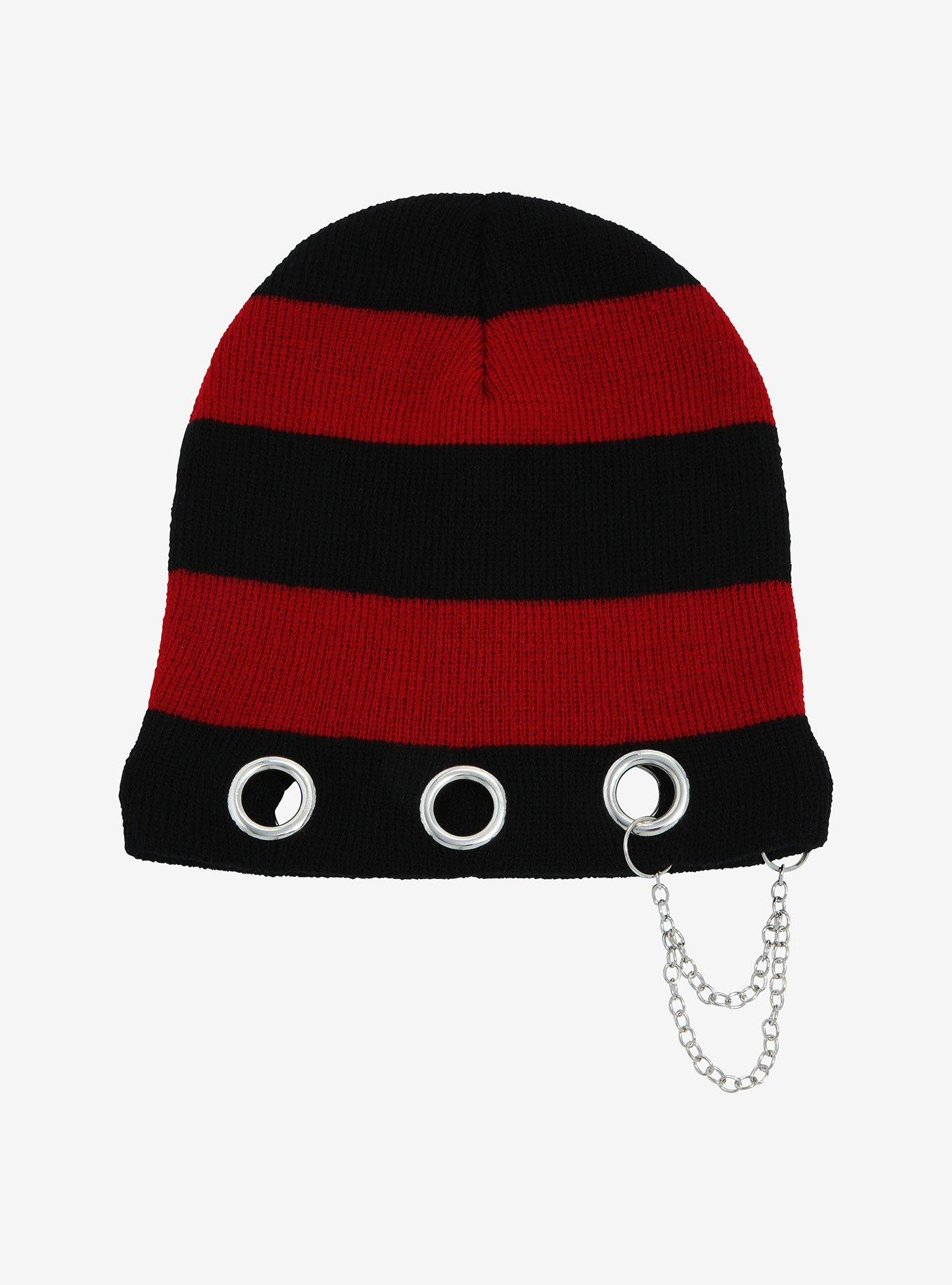 Red & Black Stripe Grommet Beanie, , hi-res