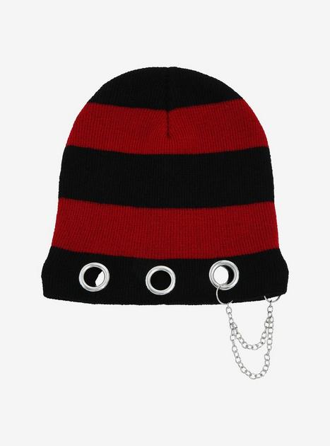 Red & Black Stripe Grommet Beanie | Hot Topic