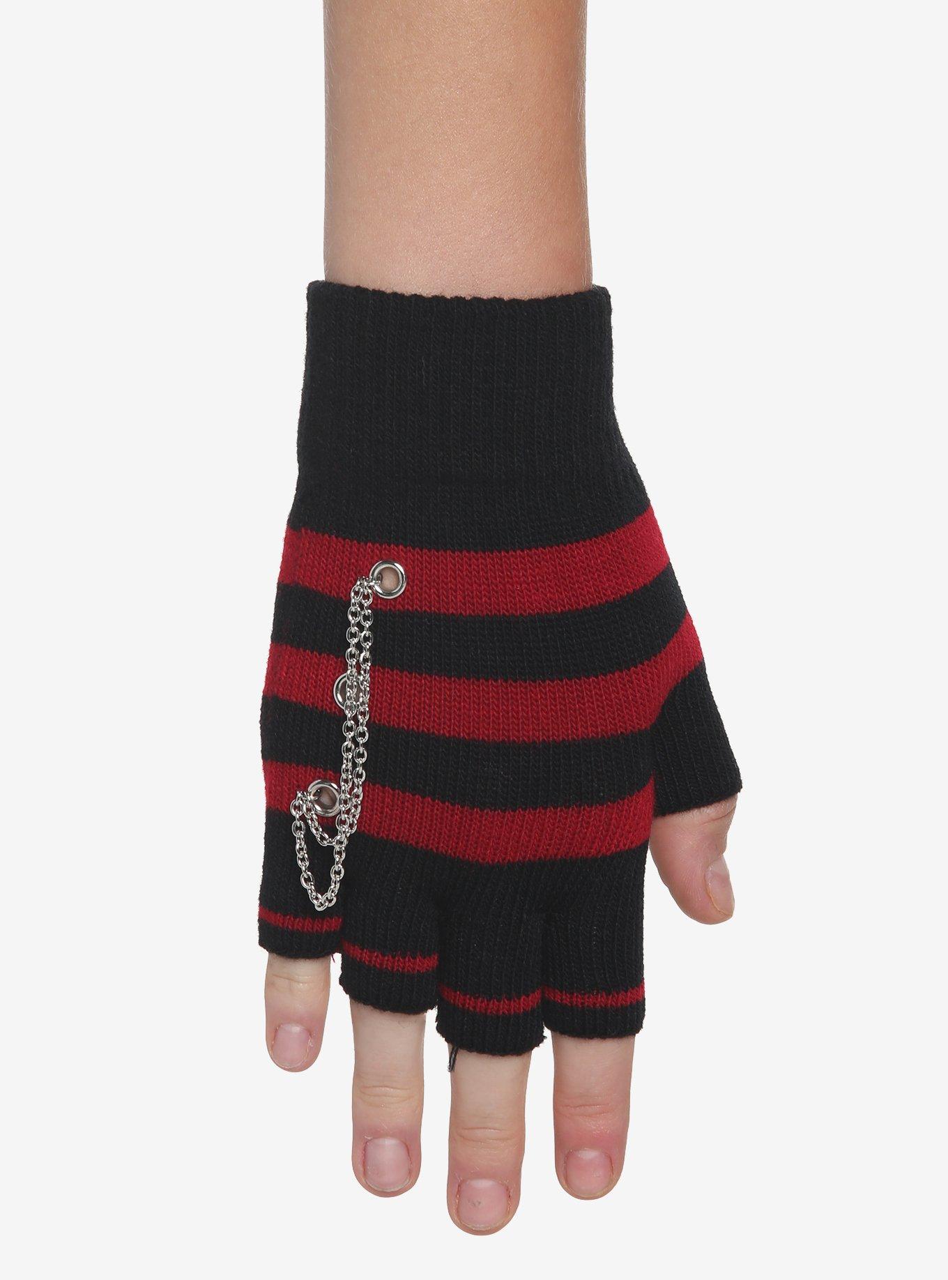 Red & Black Stripe Grommet Fingerless Gloves