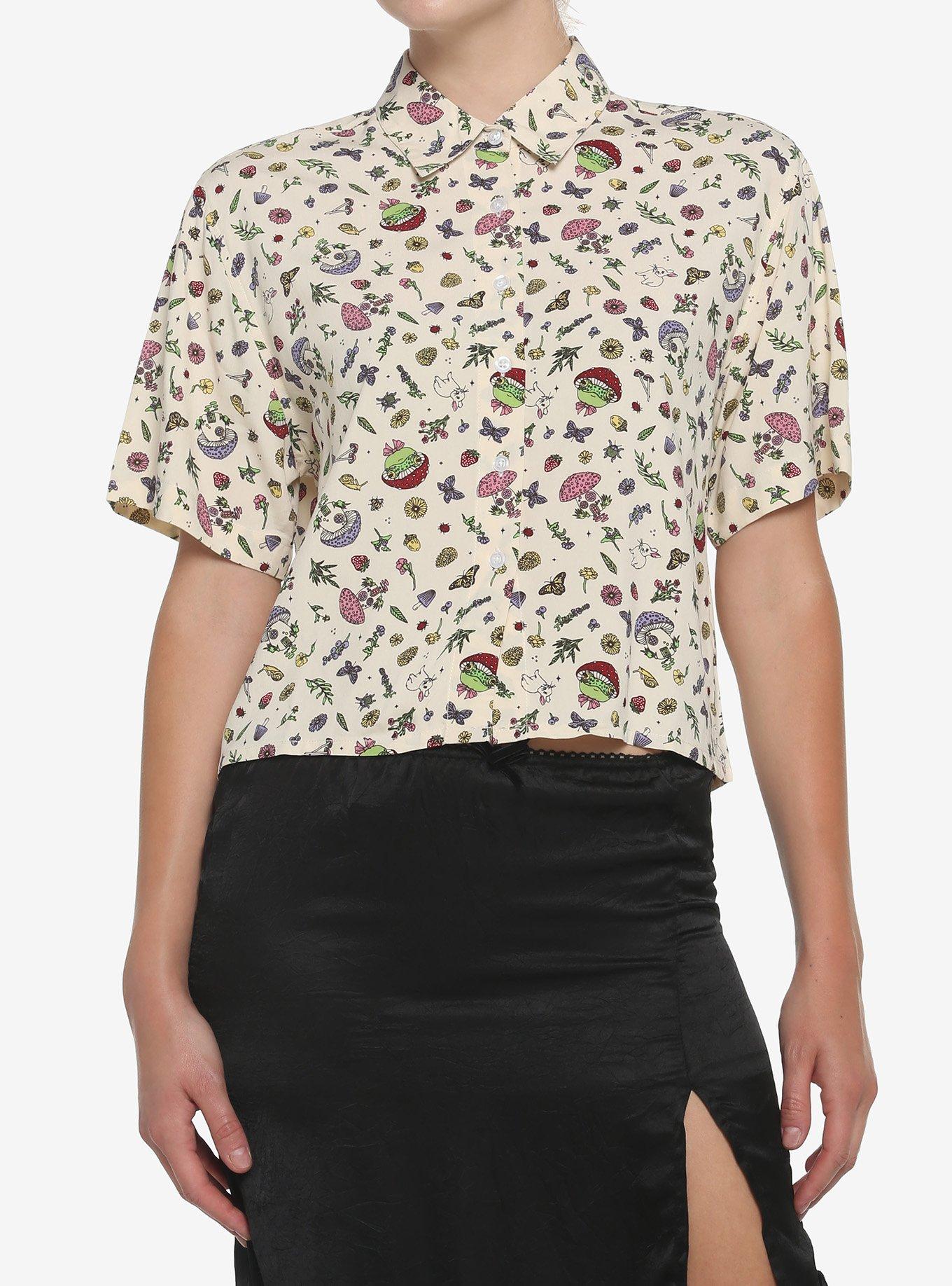 Mushroom Frog Girls Crop Woven Button-Up, BIRCH IVORY, hi-res