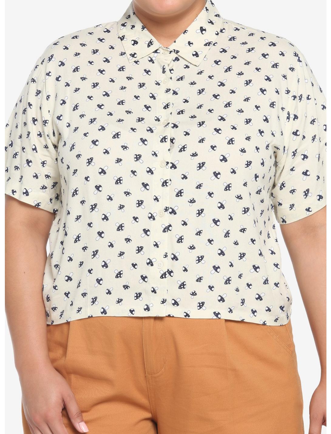 Sepia Mushroom Boxy Girls Crop Woven Button-Up Plus Size, BIRCH IVORY, hi-res