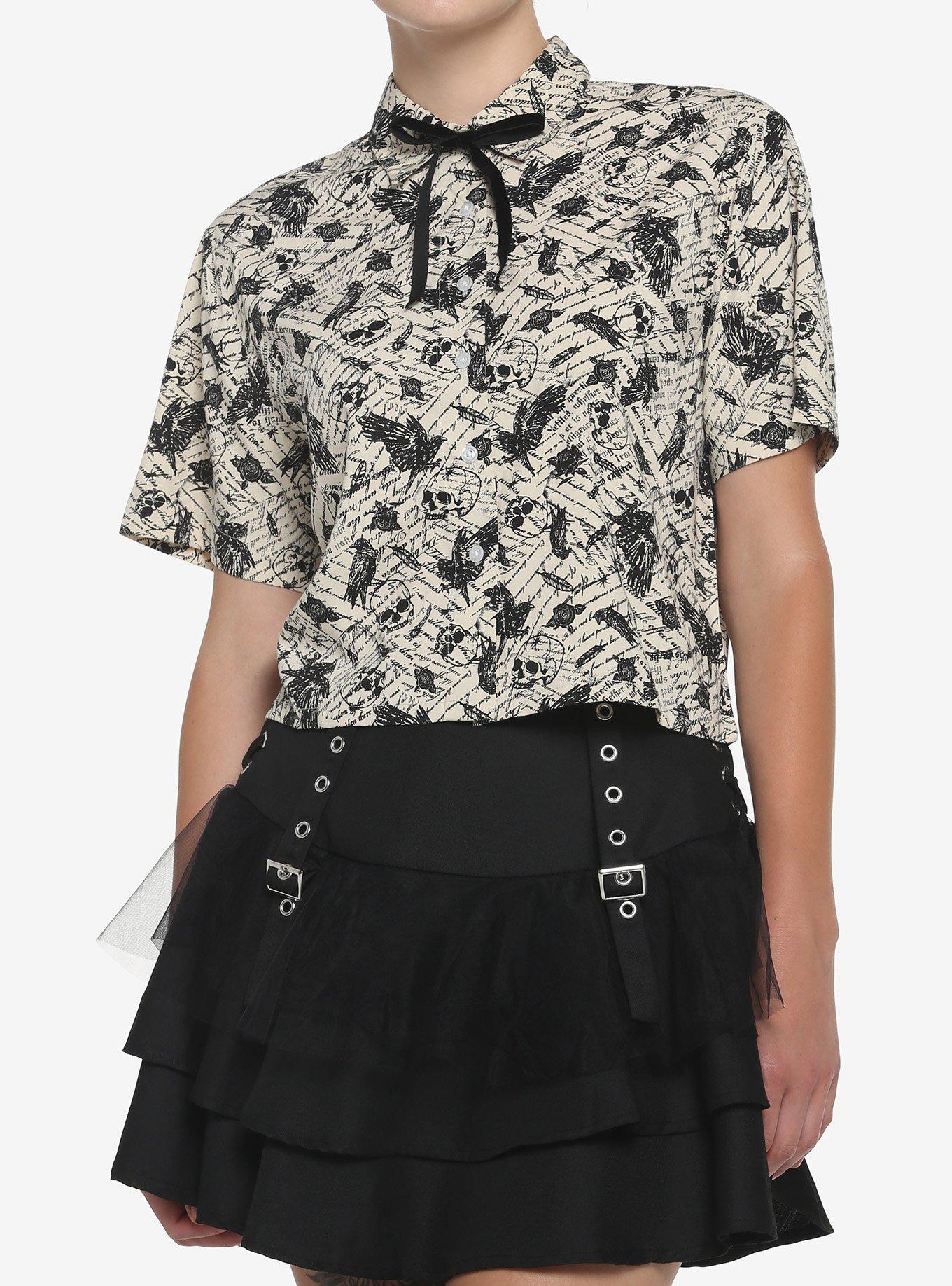 Ivory Raven Skull Girls Crop Woven Button-Up, , hi-res