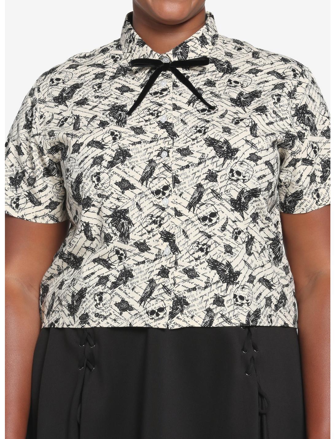 Ivory Raven Skull Girls Crop Woven Button-Up Plus Size, MULTI, hi-res