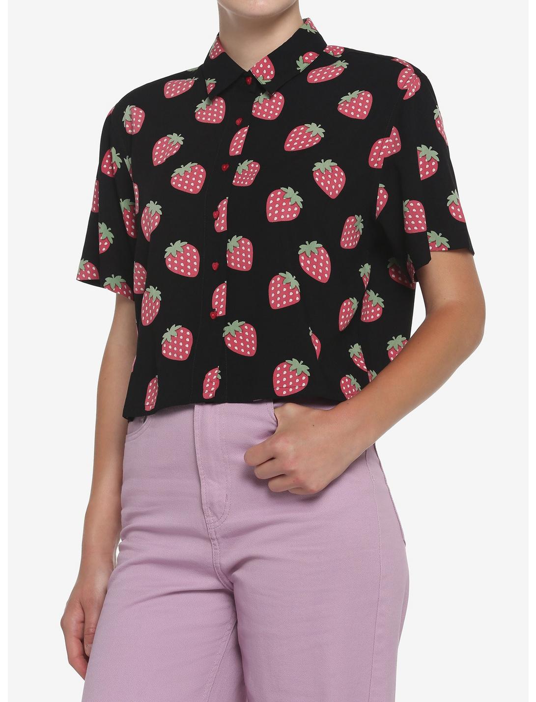 Black Strawberry Girls Crop Woven Button-Up, BLACK, hi-res