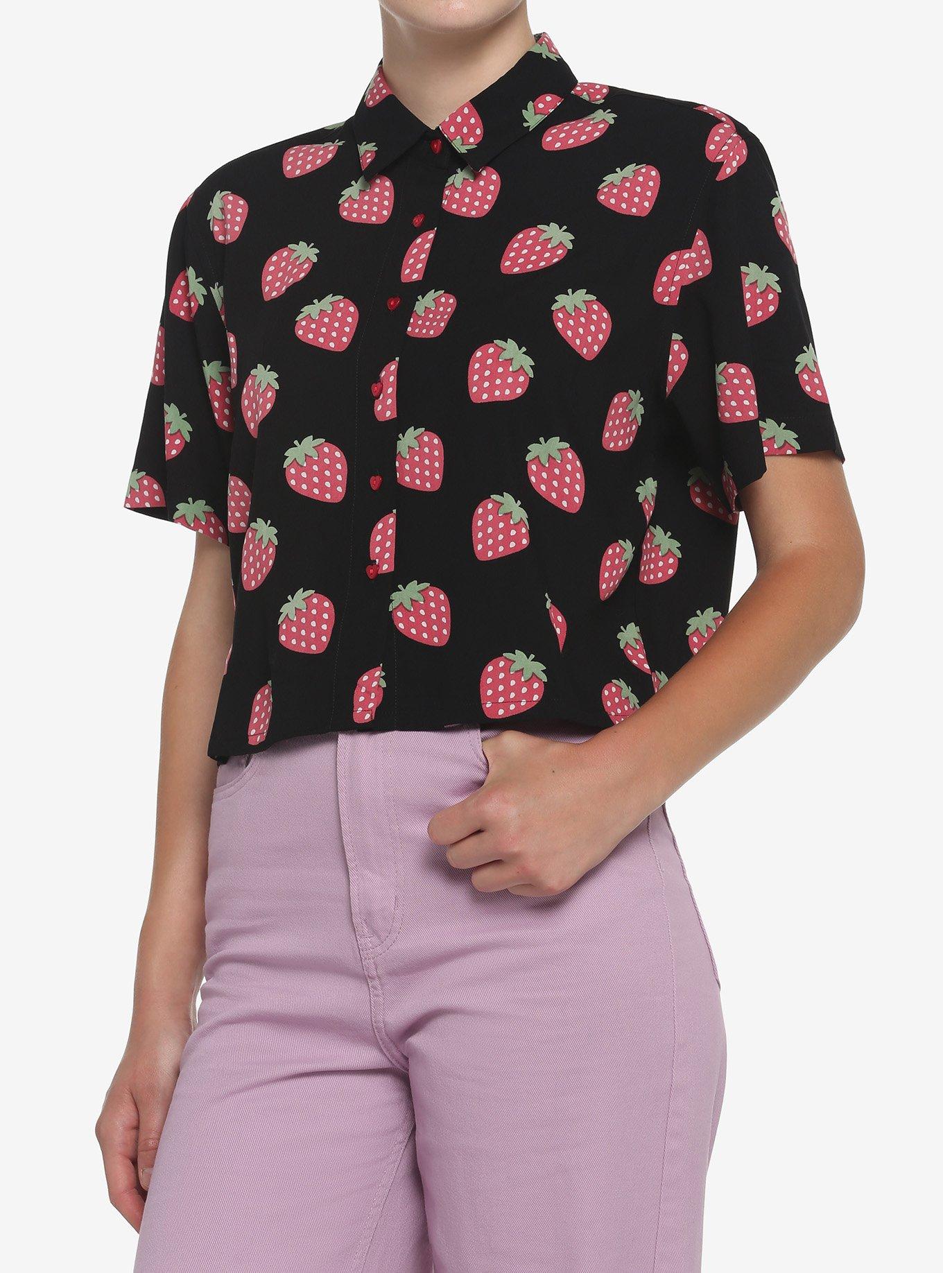 Black Strawberry Girls Crop Woven Button-Up, BLACK, hi-res