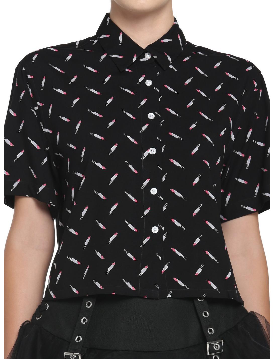 Bloody Knives Boxy Girls Crop Woven Button-Up, BLACK, hi-res