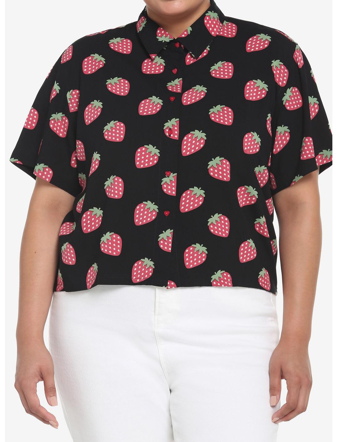 Black Strawberry Girls Crop Woven Button-Up Plus Size, BLACK, hi-res