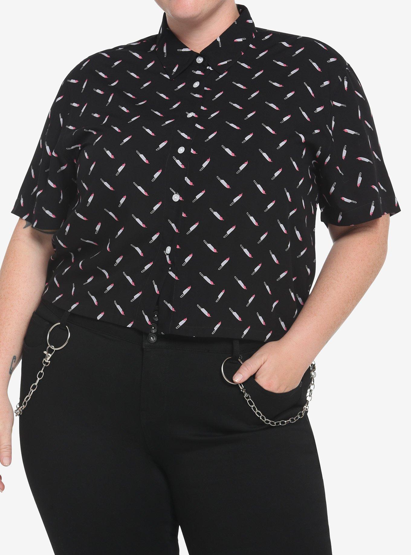 Bloody Knives Boxy Girls Crop Woven Button-Up Plus Size, BLACK, hi-res