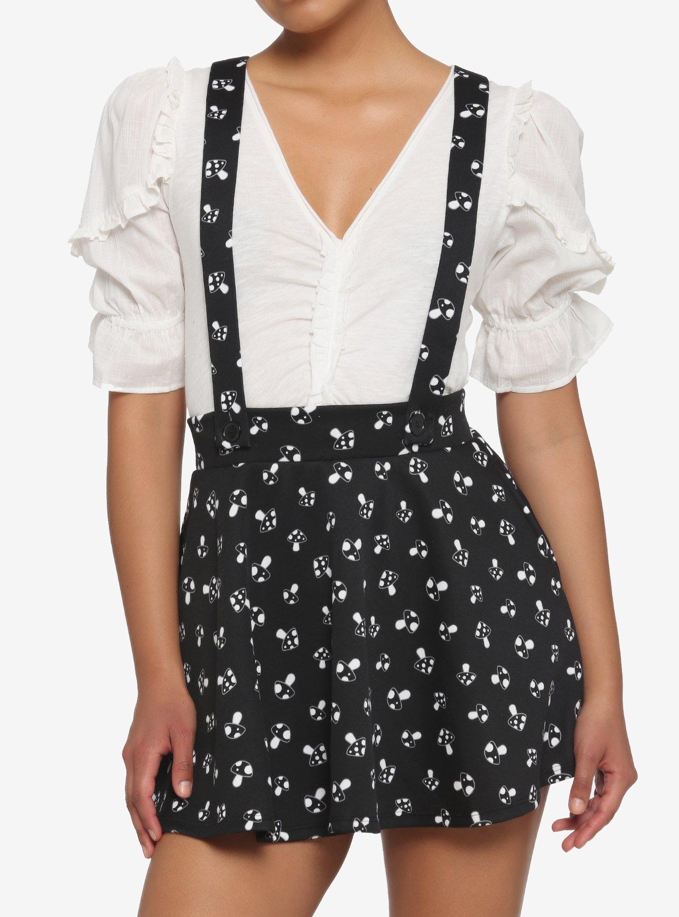 Black & White Mushroom Suspender Skirt, BLACK, hi-res